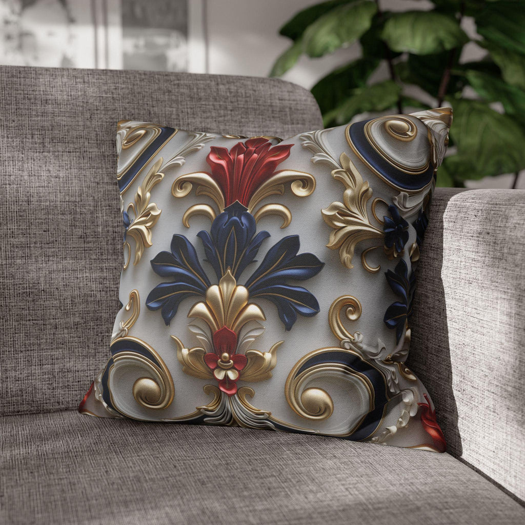 Baroque Floral Pillow Cover: Red, Blue, Gold Foliate Motifs