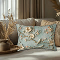Serene Chinoiserie Lumbar Pillow: Pastel Blue-Green Birds & Blooms 3D Nature-Inspired Accent Cushion