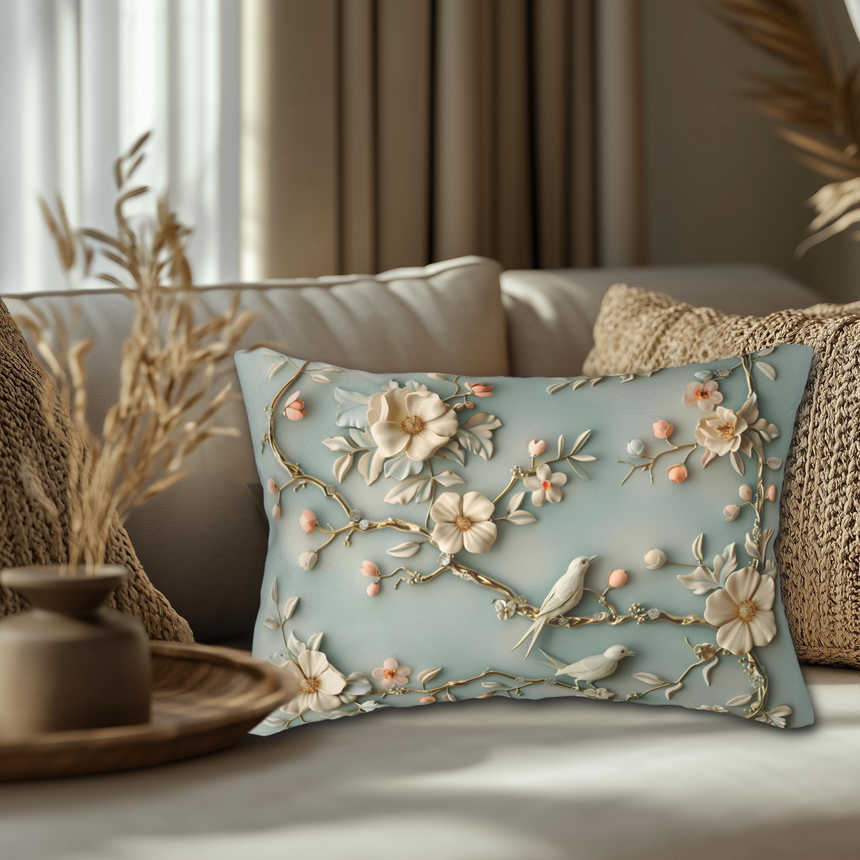 Serene Chinoiserie Lumbar Pillow: Pastel Blue-Green Birds & Blooms 3D Nature-Inspired Accent Cushion