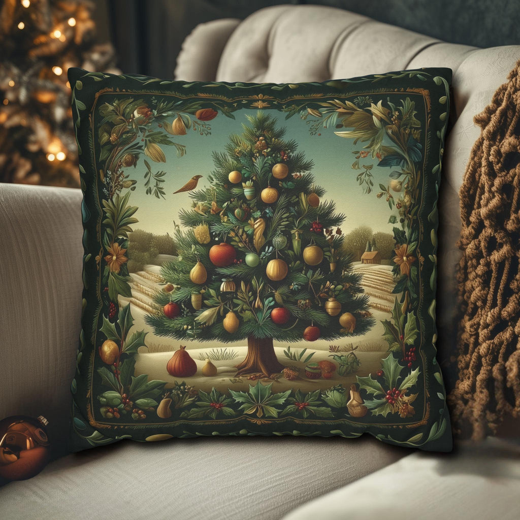 Botanical Christmas Pillow Cover: William Morris Style Decorated Country Farm Tree