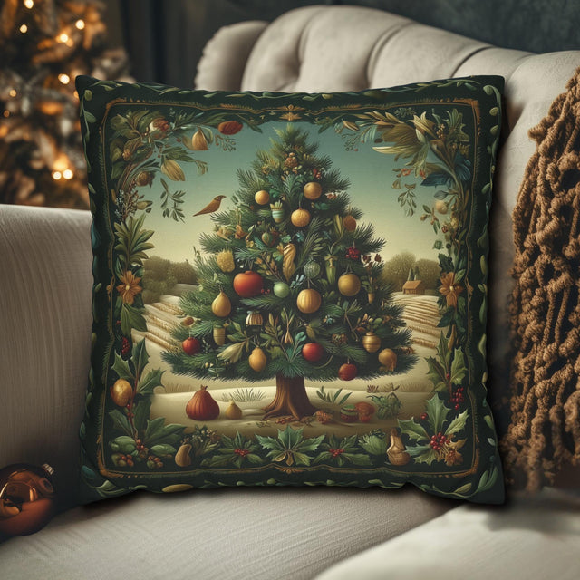 Botanical Christmas Pillow Cover: William Morris Style Decorated Country Farm Tree