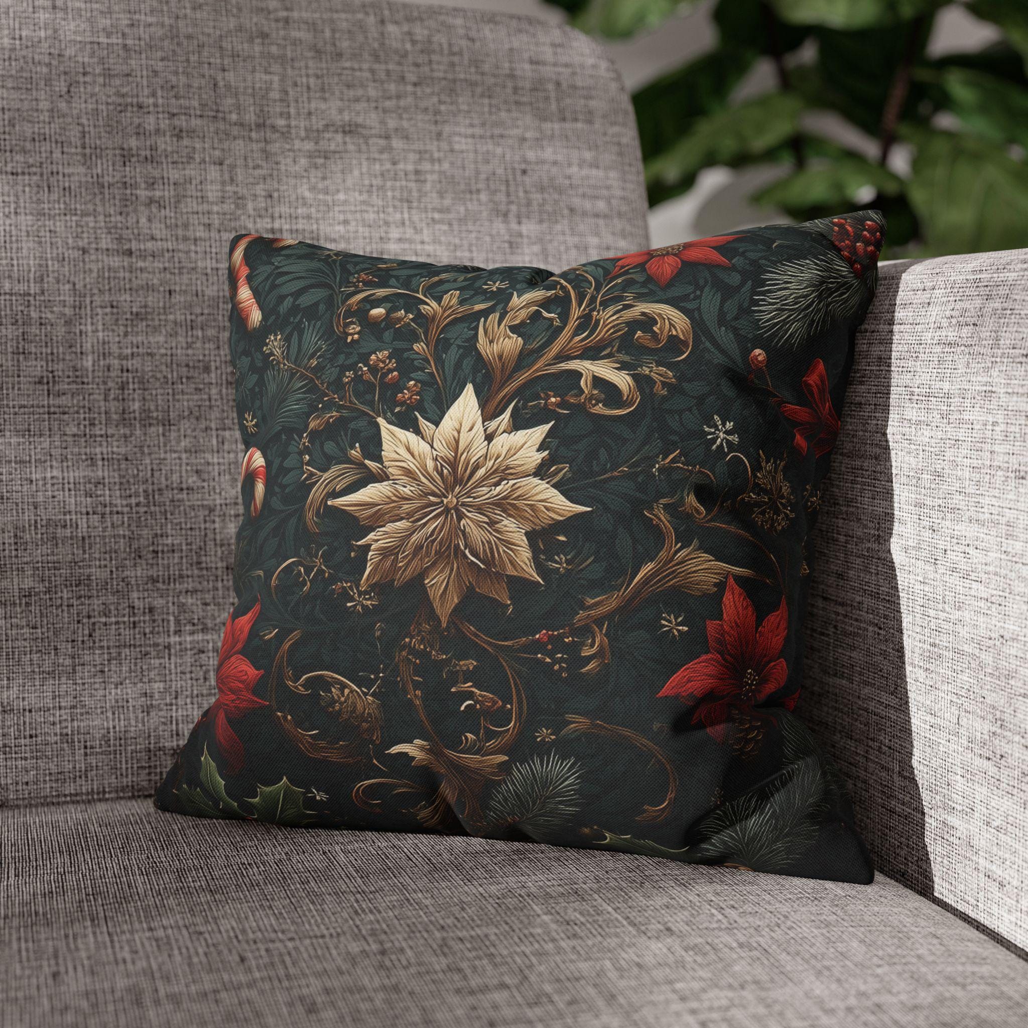 Dark Botanical Holiday Pillow Cover: Gold Poinsettia, Red Florals & Candy Canes on Deep Pine