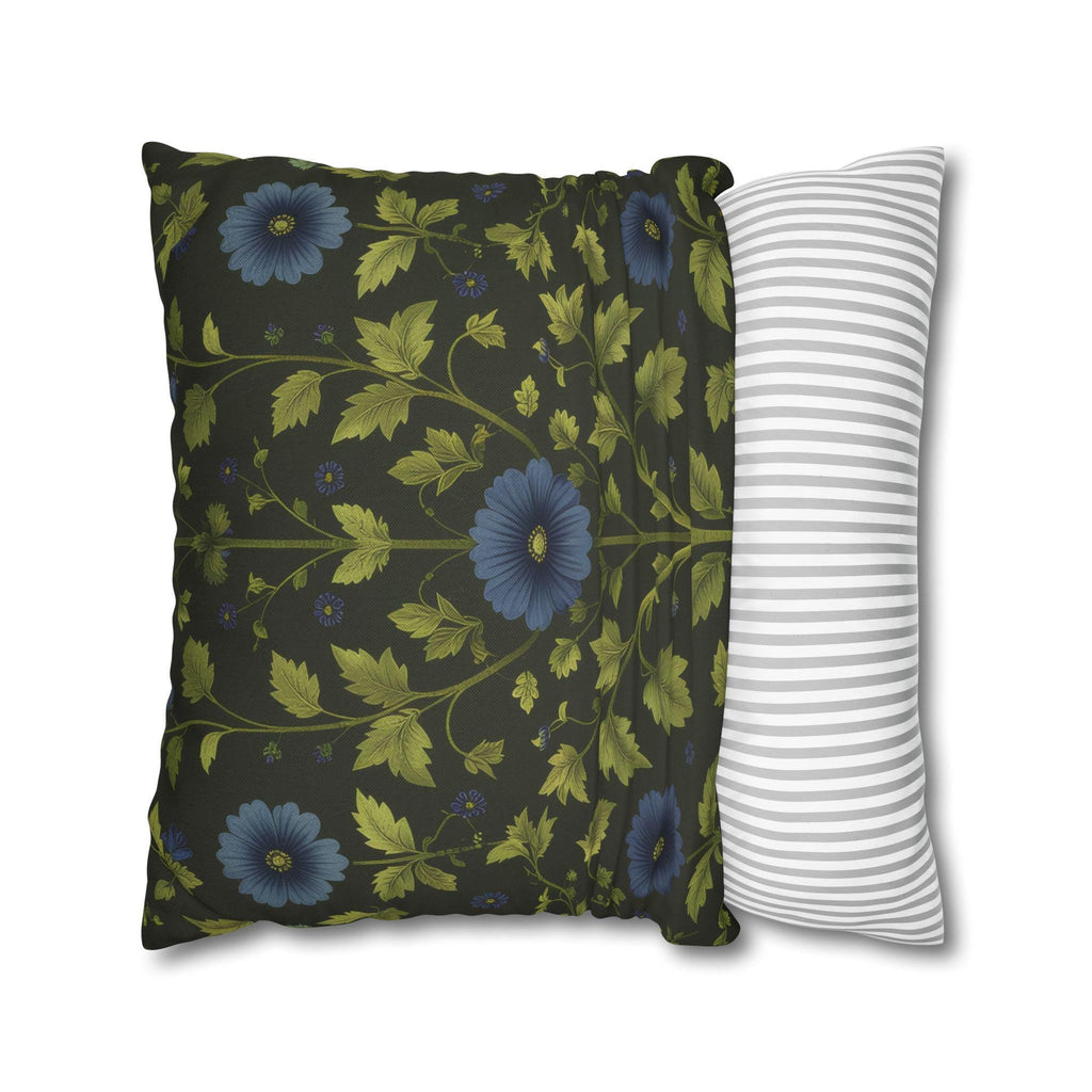 Botanical Pillow Cover: William Morris Inspired Green Cushion with Double-Sided Blue Floral Pattern
