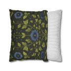 Botanical Pillow Cover: William Morris Inspired Green Cushion with Double-Sided Blue Floral Pattern
