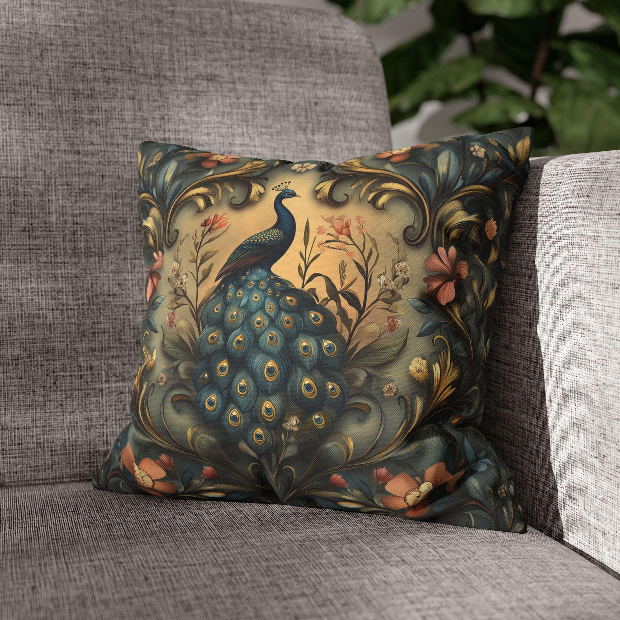 Peacock Pillow Cover: William Morris Floral Tapestry Design