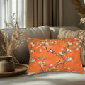 Elegant Chinoiserie Lumbar Pillow: Burnt Orange Asian-Inspired Floral Bird Design