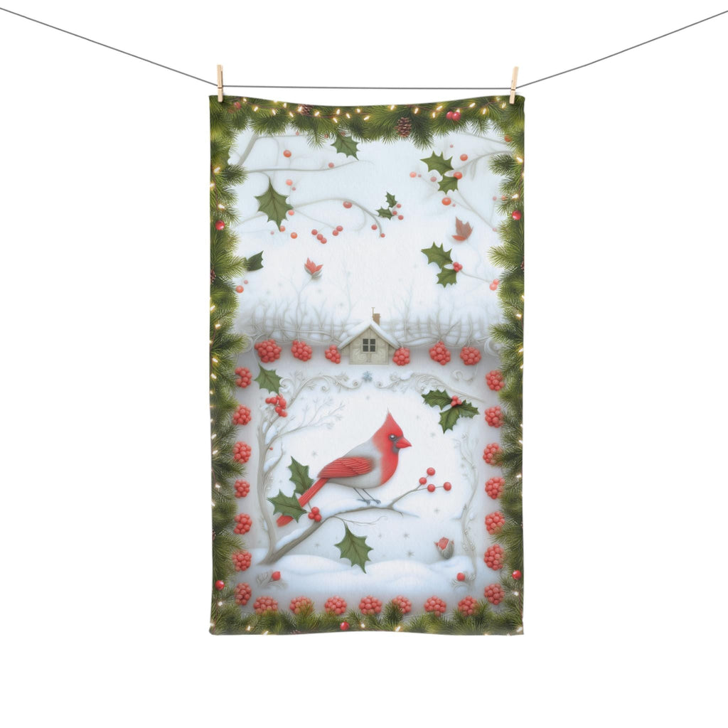 Red Cardinal Christmas Hand Towel: Winter Berry Tea Towel
