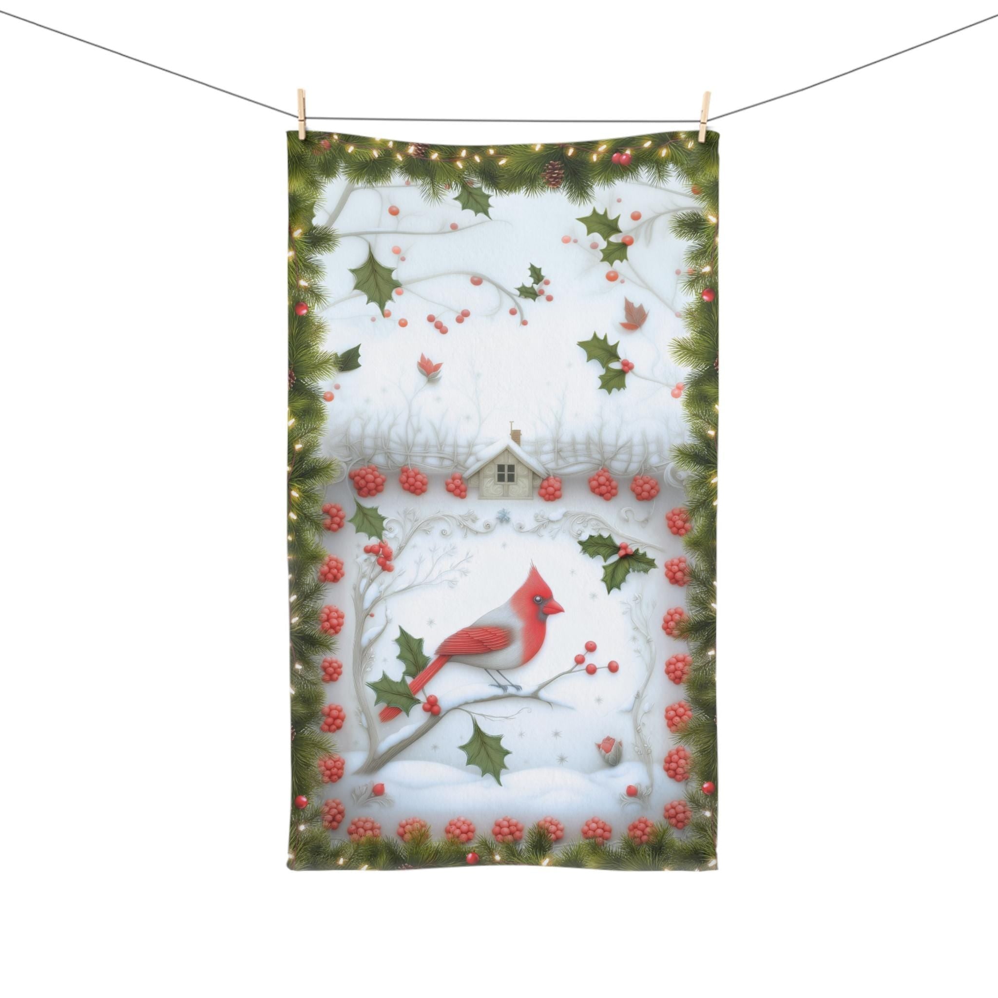 Red Cardinal Christmas Hand Towel: Winter Berry Tea Towel