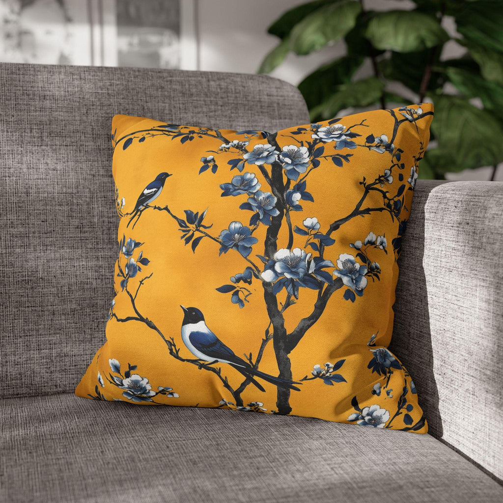 Elegant Chinoiserie Bird Pillow Cover: Golden Yellow & Blue Floral Cushion Case for Eclectic Decor
