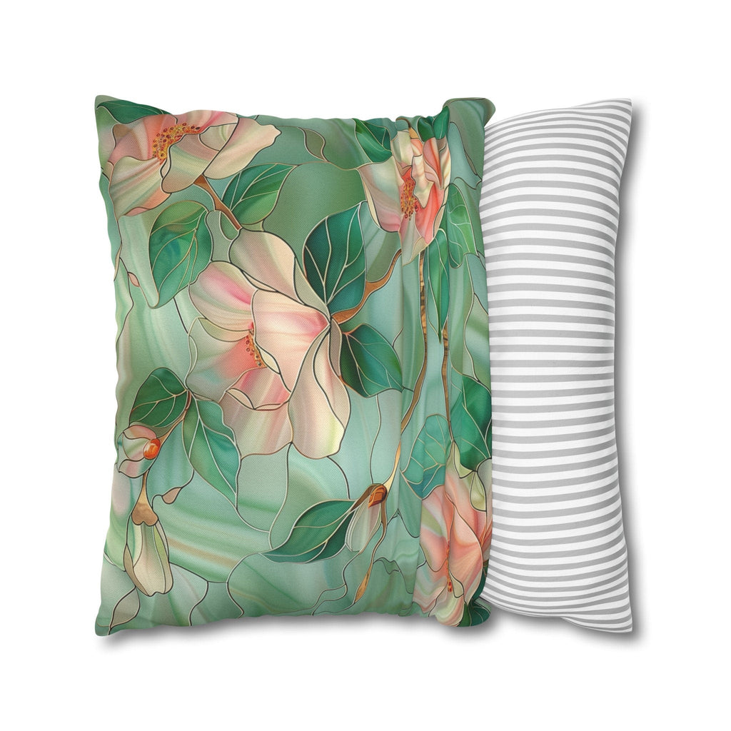 Luminous Green Chinoiserie Pillow Cover: Pink Magnolia Stained Glass Art for Home Decor