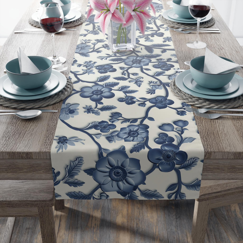 Elegant Chinoiserie Blue & White Table Runner: Traditional Pottery-Inspired Dining Decor
