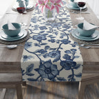 Elegant Chinoiserie Blue & White Table Runner: Traditional Pottery-Inspired Dining Decor