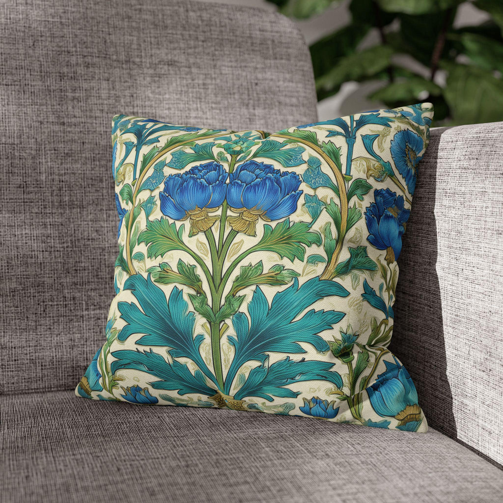 William Morris Inspired Teal Floral Pillow Cover: Art Nouveau Botanical Accent for Victorian Decor