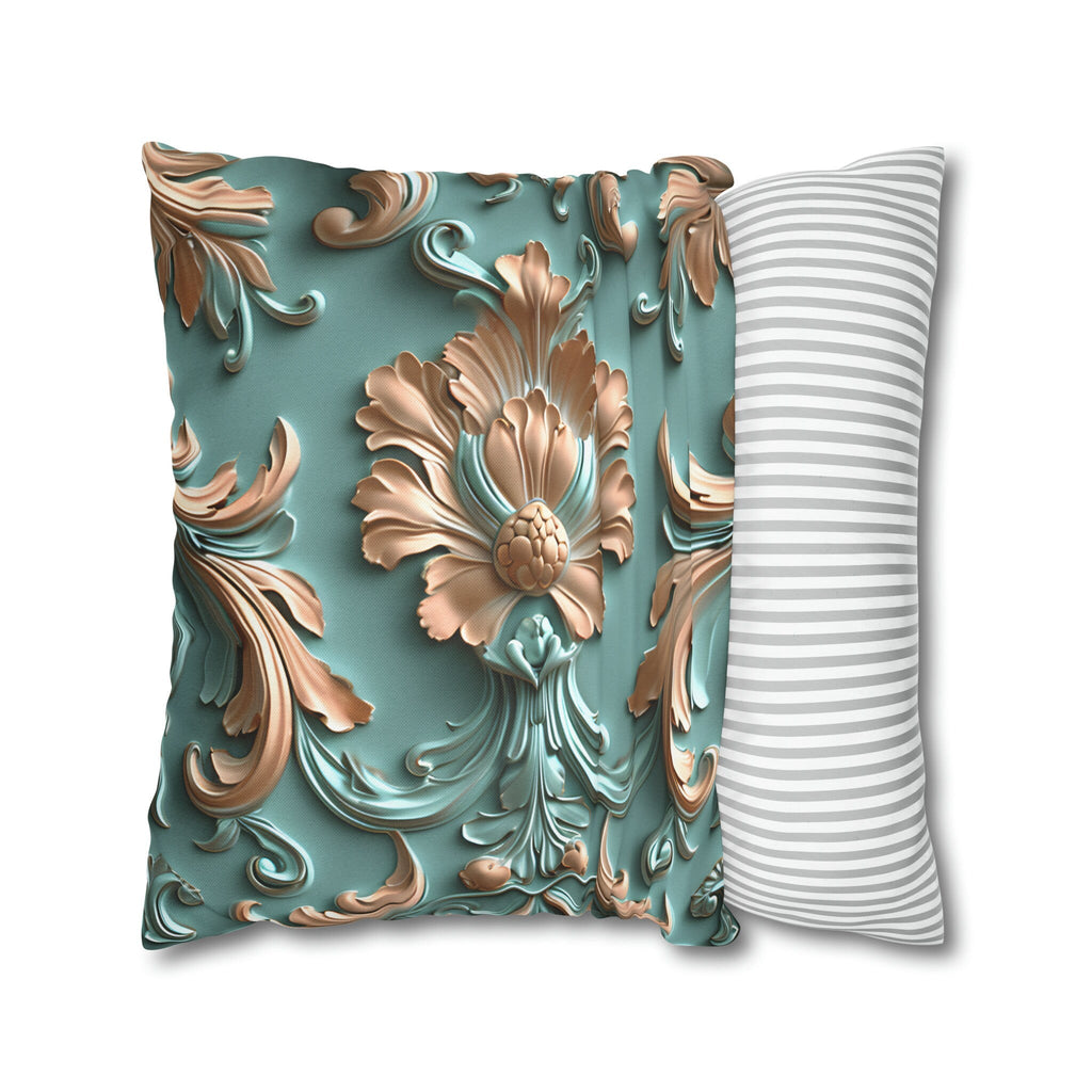 Floral Rococo Style Pillow Cover, Peach Fuzz & Light Teal Elegant Design