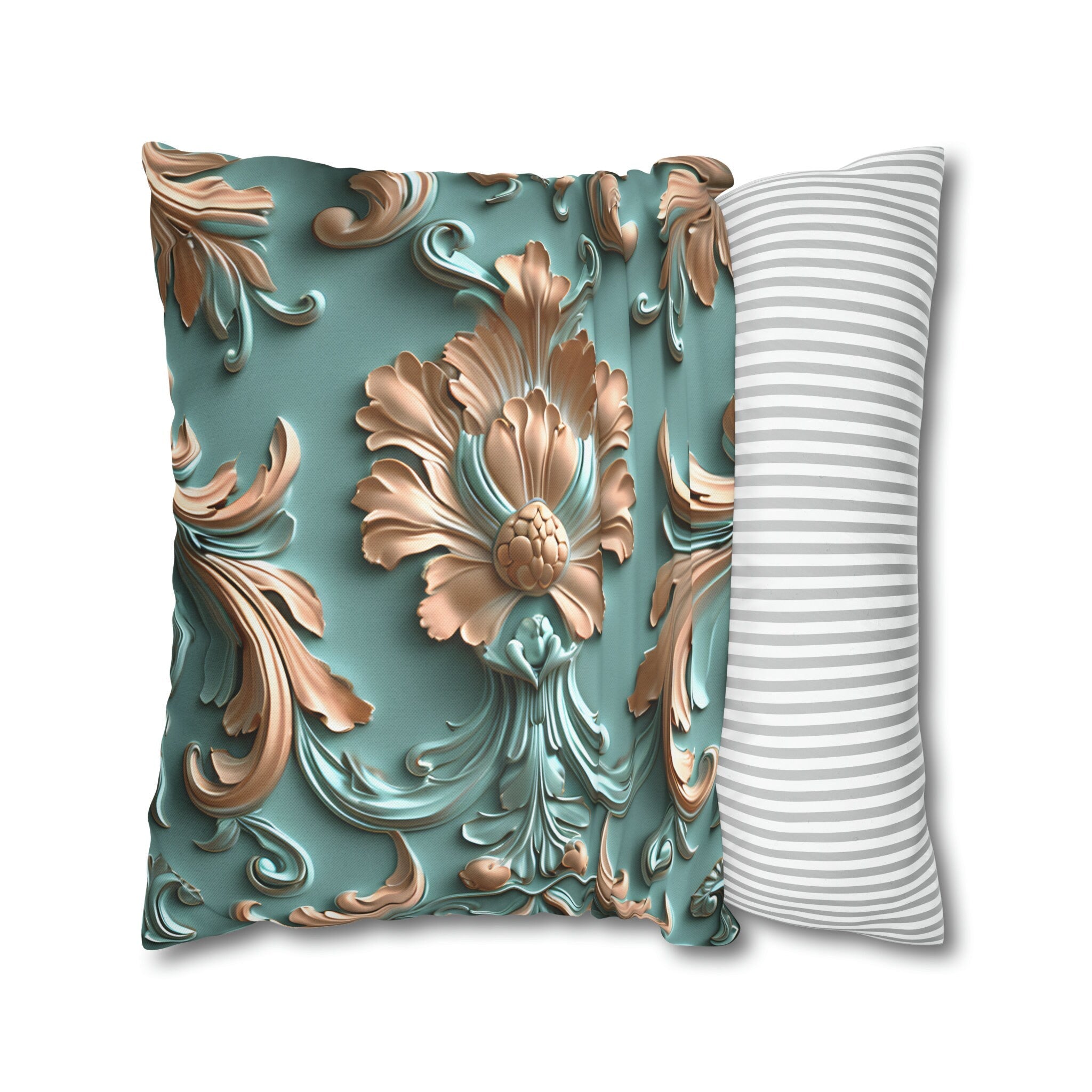 Floral Rococo Style Pillow Cover, Peach Fuzz & Light Teal Elegant Design