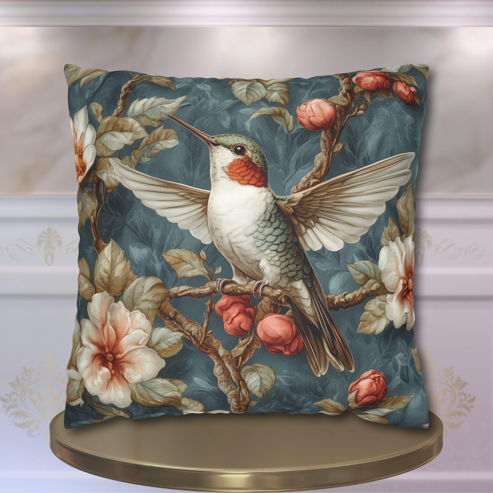 Vintage Style Hummingbird Floral Pillowcase: William Morris Inspired Decorative Cushion Cover for Nature Lovers