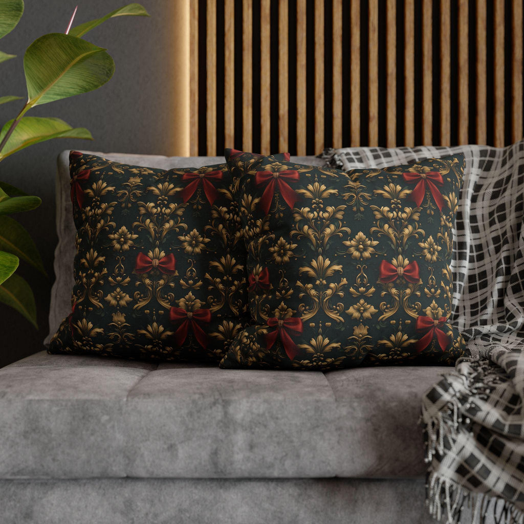 Gold Damask Christmas Pillow Cover with Printed Red Bow: Holiday Decor