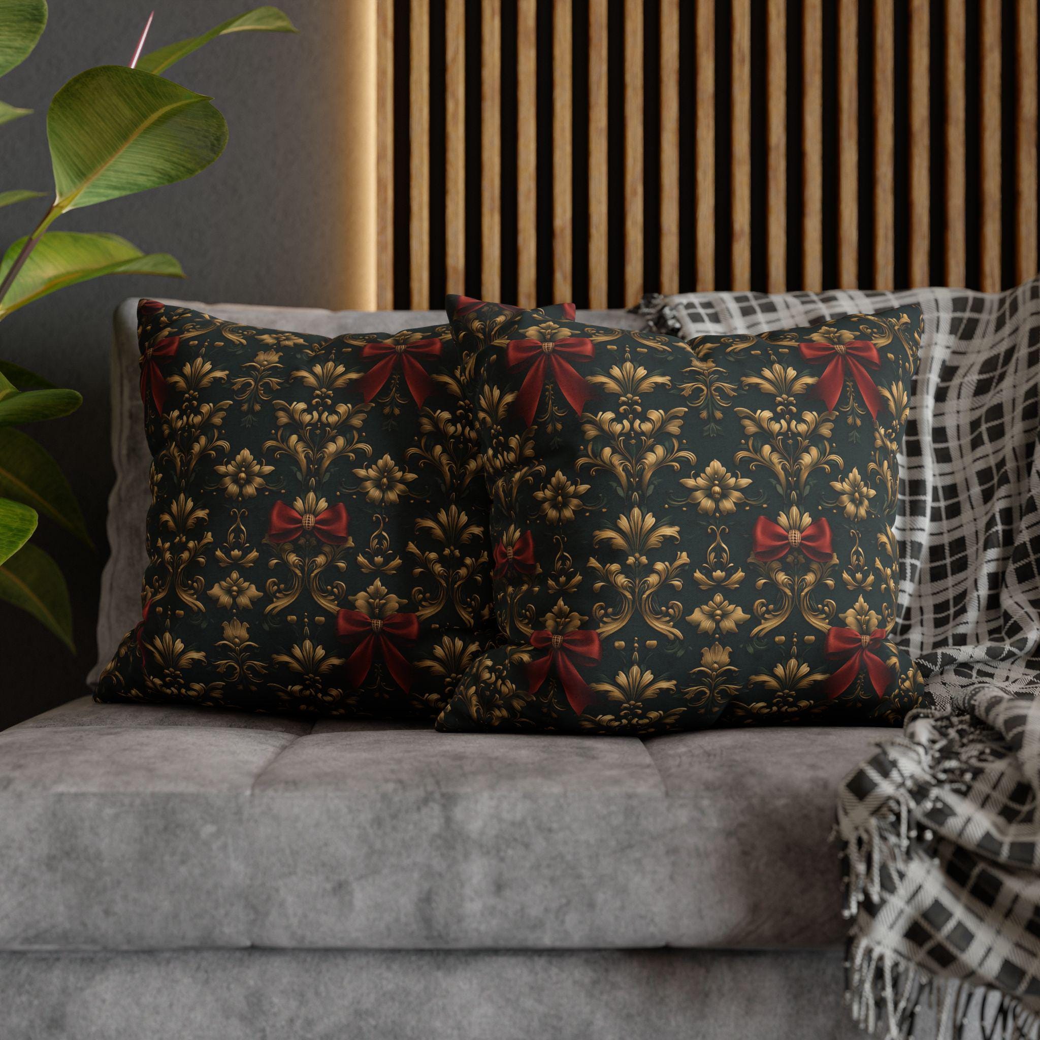 Gold Damask Christmas Pillow Cover with Printed Red Bow: Holiday Decor