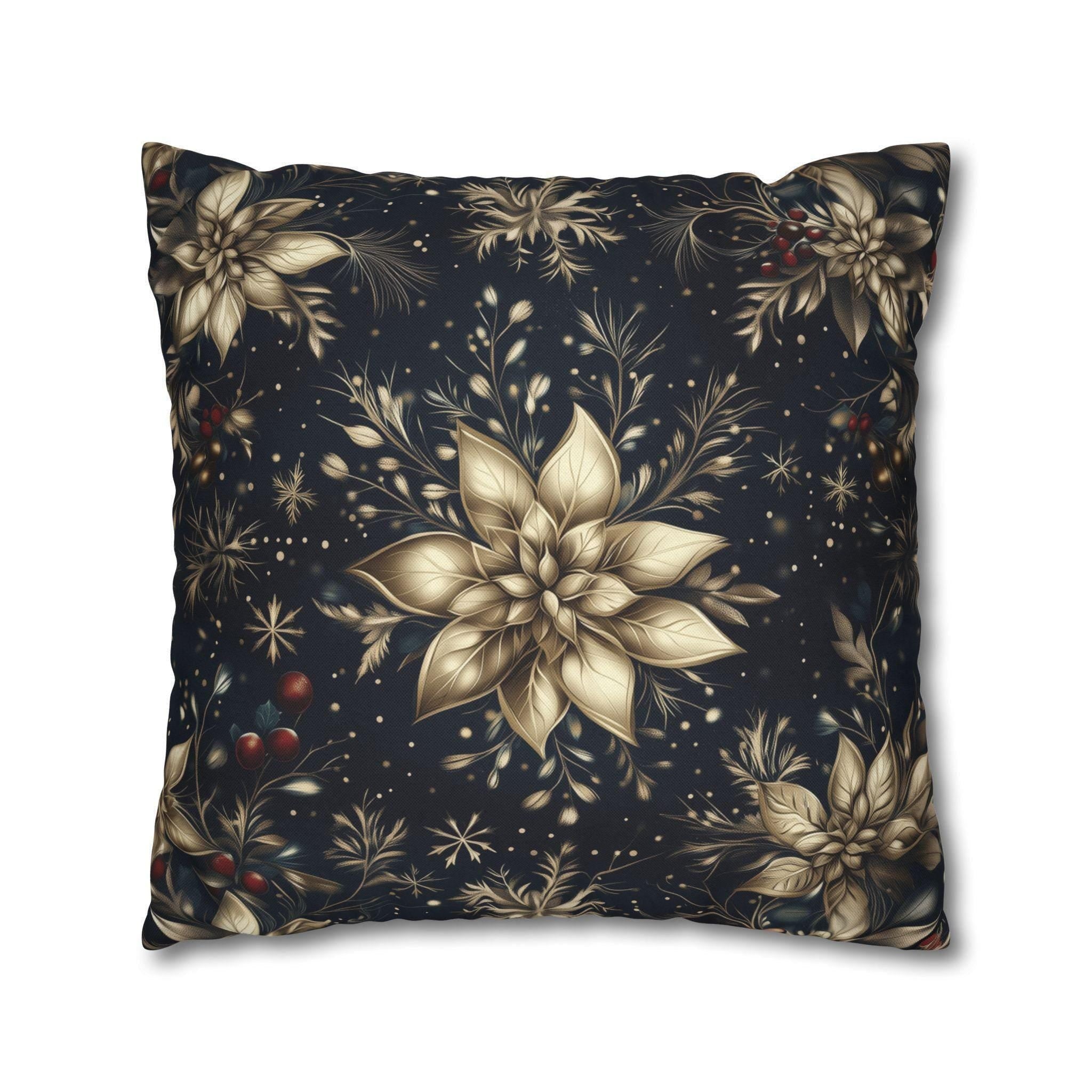 Elegant Holiday Pillow Cover | Golden Poinsettia Design | Navy Blue Background