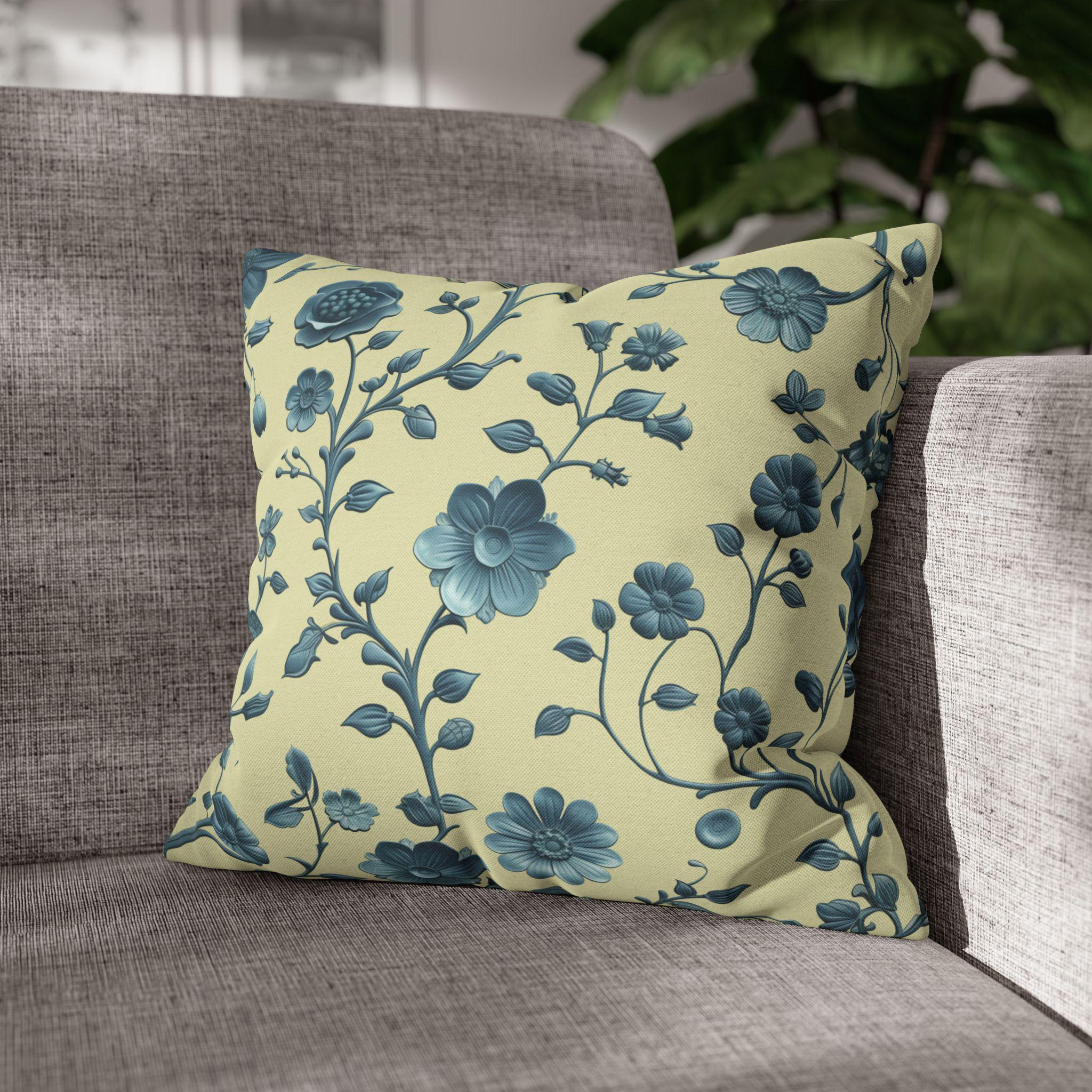 Elegant Chinoiserie Floral Pillow: Teal & Buttery Yellow Botanical Cushion for Classic or Modern Decor