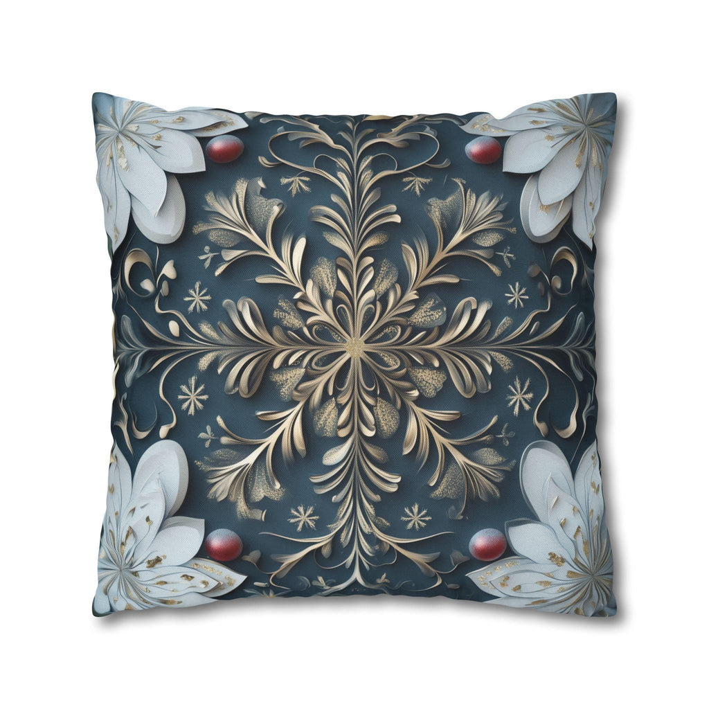 Gold White & Blue Snowflake Square Pillowcase, Elegant Festive Christmas Pillow Cover