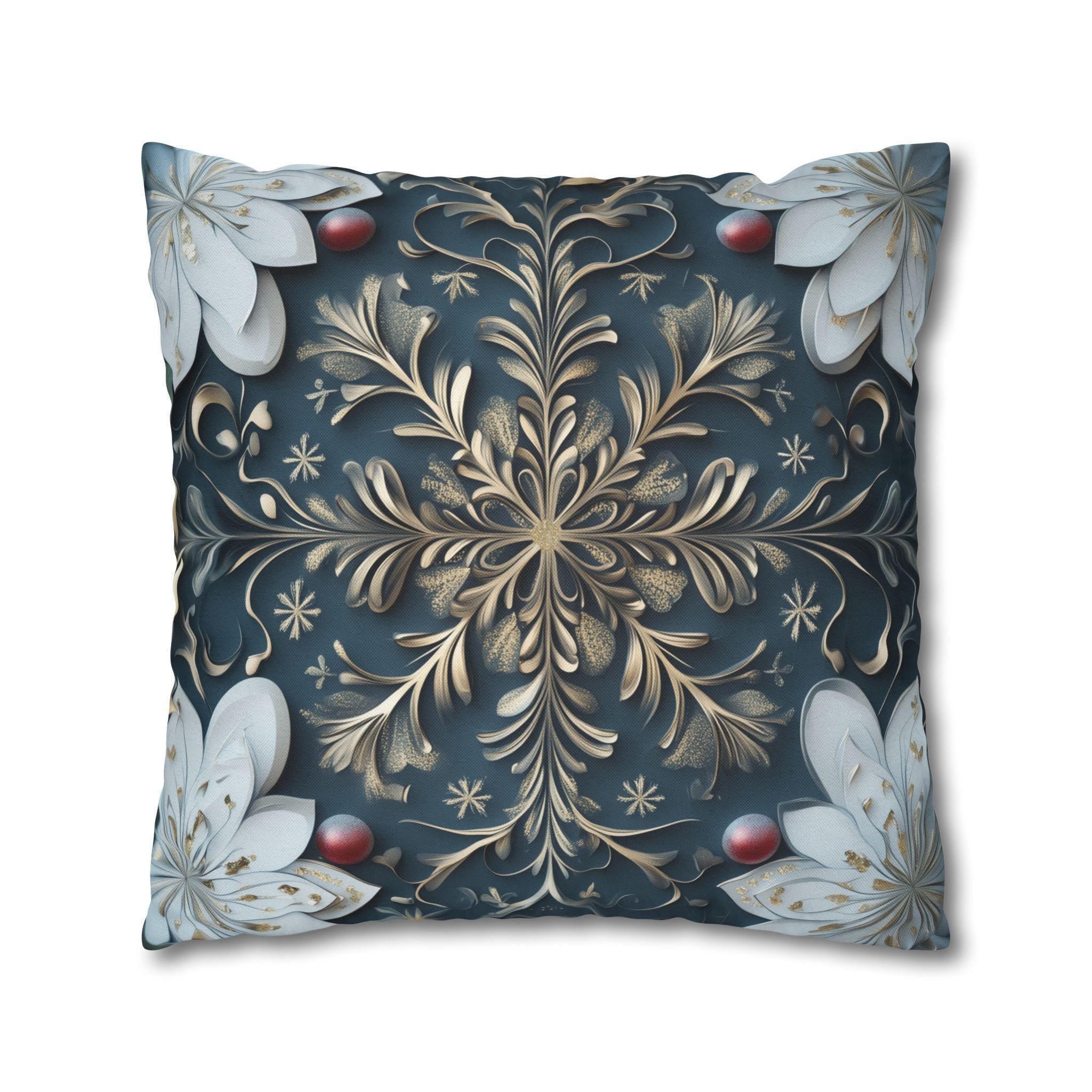 Gold White & Blue Snowflake Square Pillowcase, Elegant Festive Christmas Pillow Cover