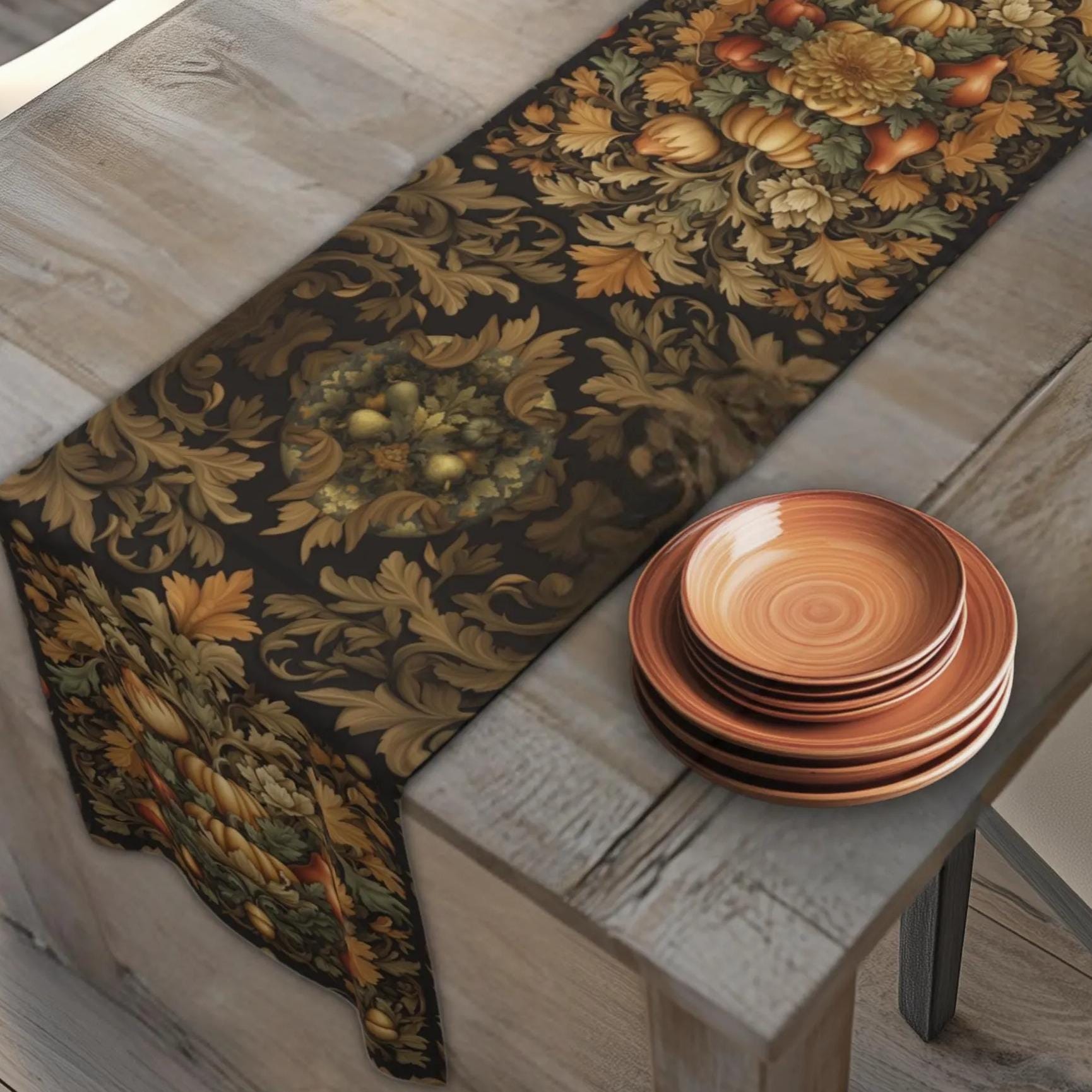 William Morris Inspired Autumn Harvest Tapestry Table Runner: Charcoal, Amber, Olive Seasonal Dining Decor