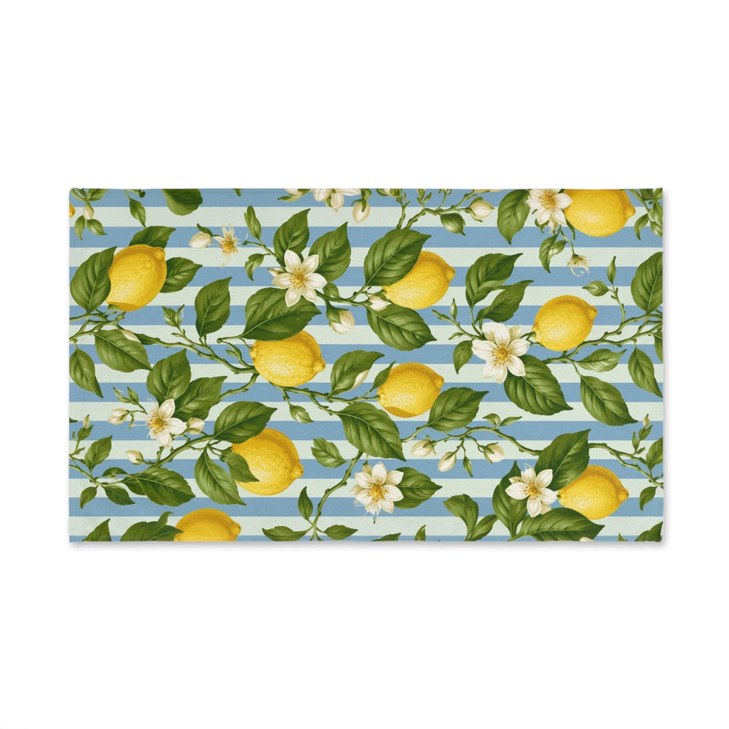 Lemon Soft Blue Stripe Hand Towel: with Green Leaves and White Florals
