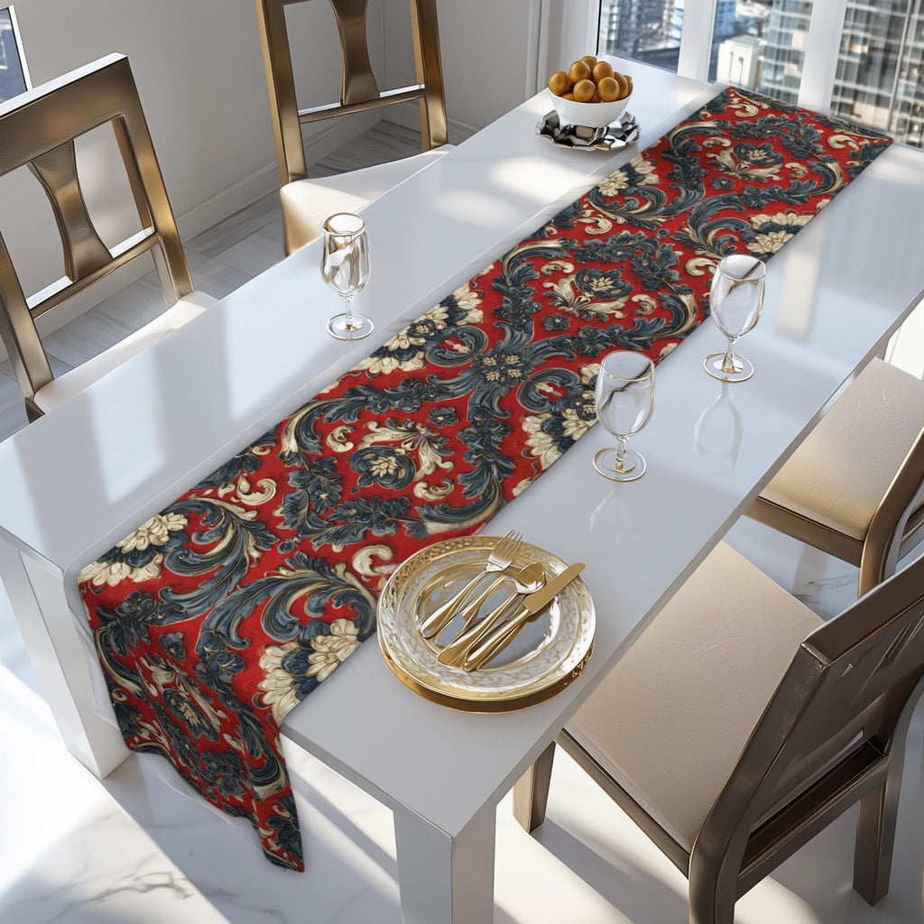 Quietly Patriotic Table Runner: Elegant Americana Scroll Design