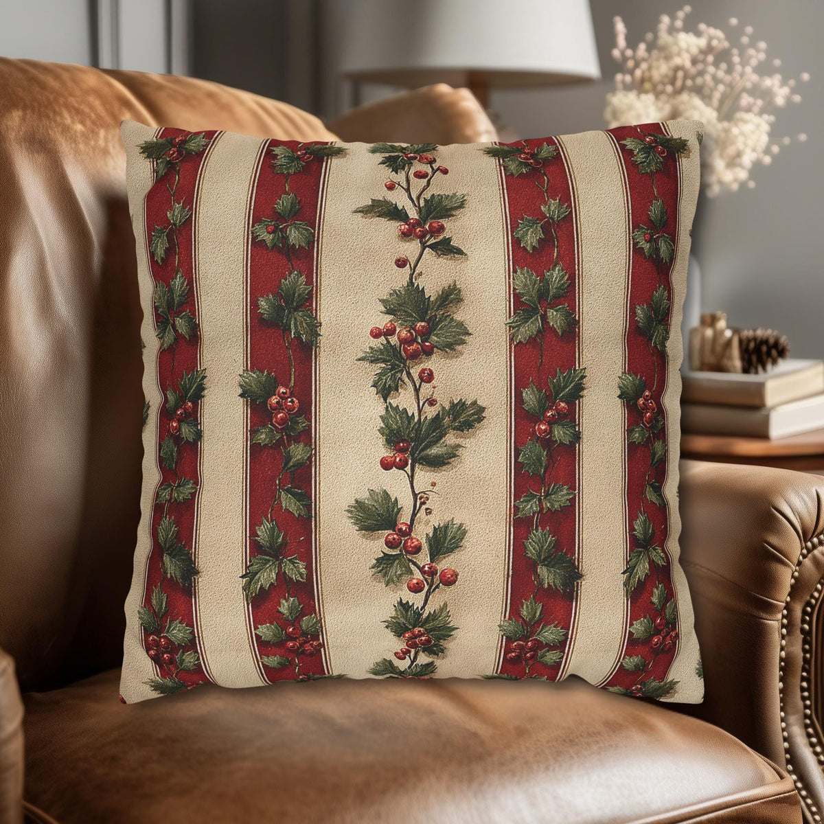 Striped Holly Christmas Pillow Cover: Red, Green, Cream Holiday Botanical Winter Decor