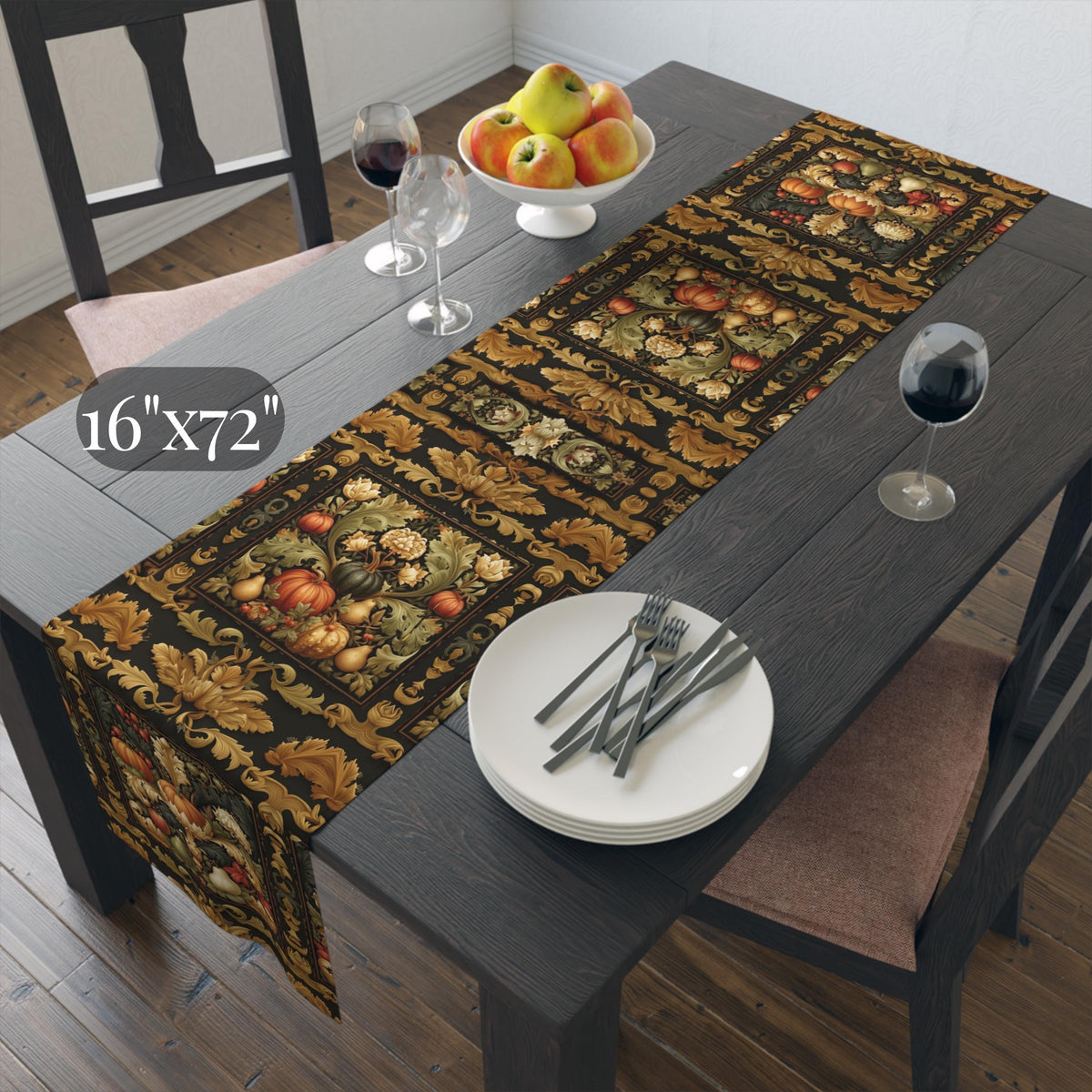William Morris Inspired Fall Table Runner: Vintage Harvest Tapestry in Deep Brown, Gold, & Rust