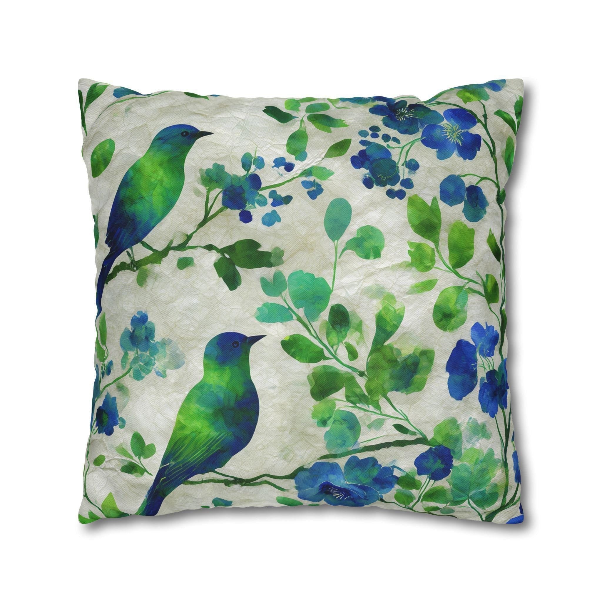 Chinoiserie Bird Pillow Cover: Blue-Green Watercolor Botanical Cushion for Elegant Cottagecore Decor