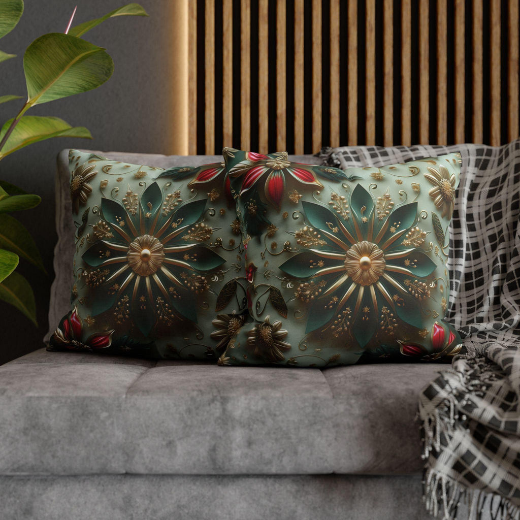 Elegant Christmas Pillow Cover: Snowflake, Poinsettias, Gold Details