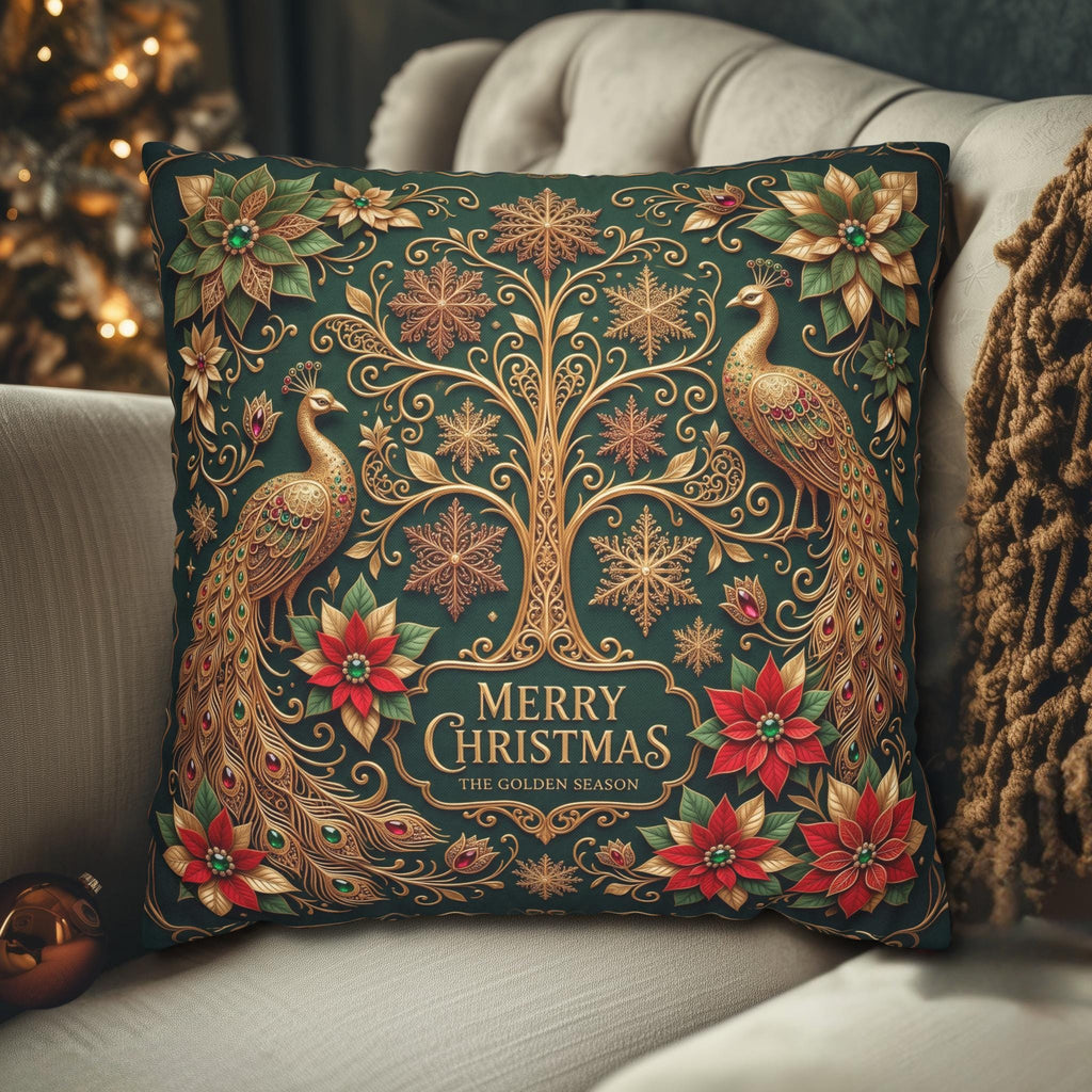 Emerald Green Peacock Christmas Pillow Cover: Gold Poinsettia, Maximalist Holiday