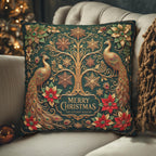 Emerald Green Peacock Christmas Pillow Cover: Gold Poinsettia, Maximalist Holiday
