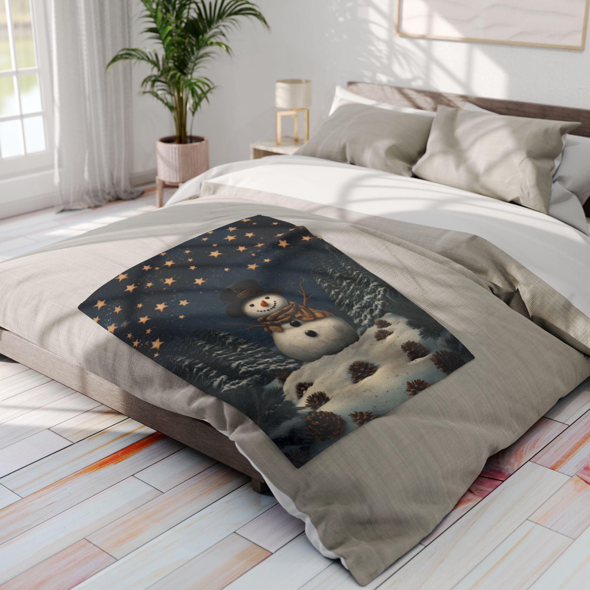 Whimsical Winter Wonderland Fleece Throw: William Morris Inspired Snowman Blanket for Cozy Christmas Decor