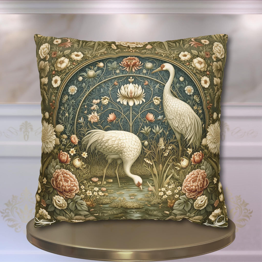 William Morris Style Throw Pillow Cover: Cranes and Marsh Botanicals