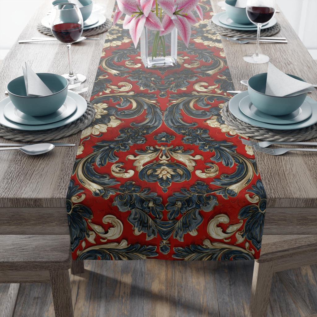 Quietly Patriotic Table Runner: Elegant Americana Scroll Design