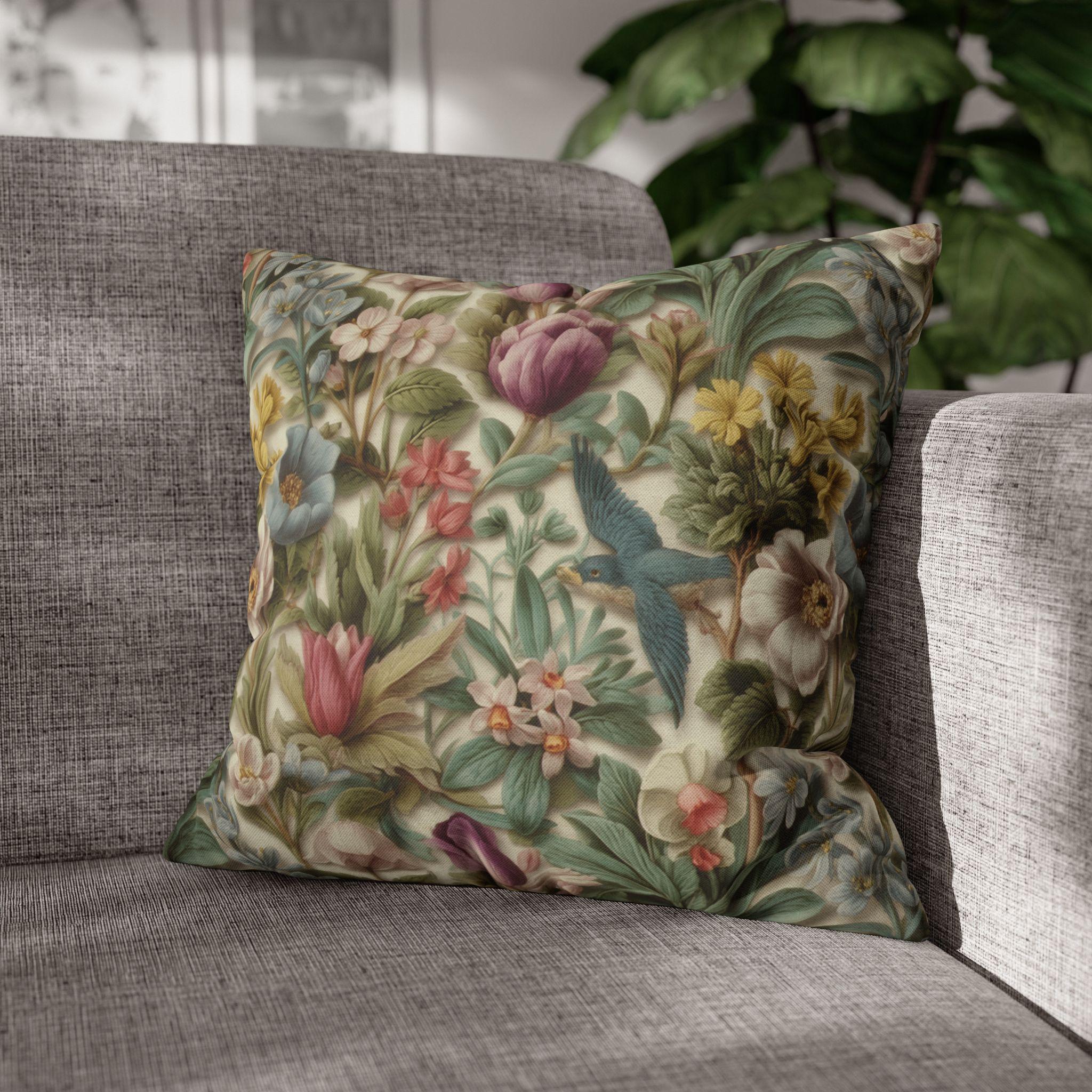 Stylized Botanical Pillow Cover: Floral & Songbird Garden in Soft Pastels