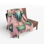 Romantic Floral Heart Wreath Fleece Blanket: Teal & Blush Pink Throw for Cozy Home Decor