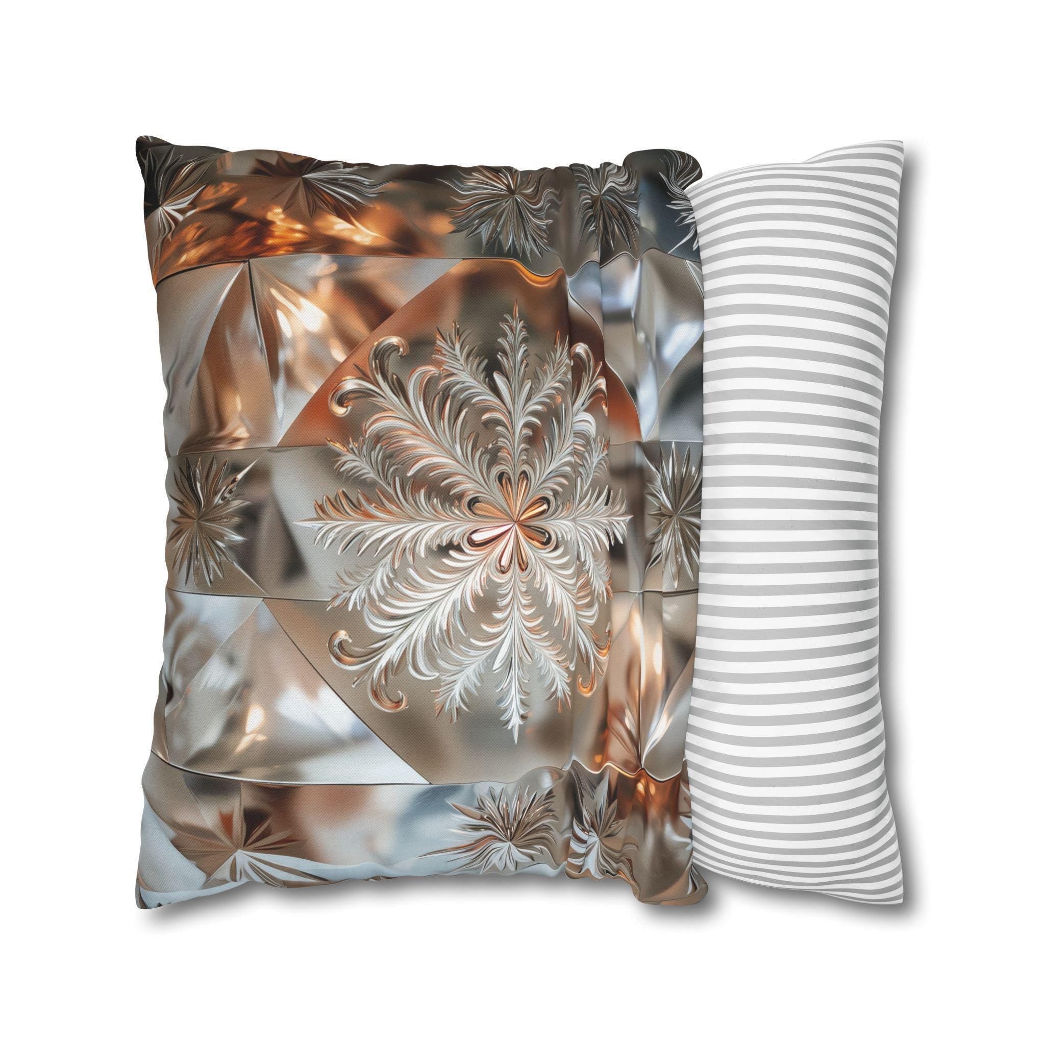 Snowflake Luxury Pillow Cover, Holiday Inspired Winter Charm, Silver Bronze Champagne Tones Square Pillowcase
