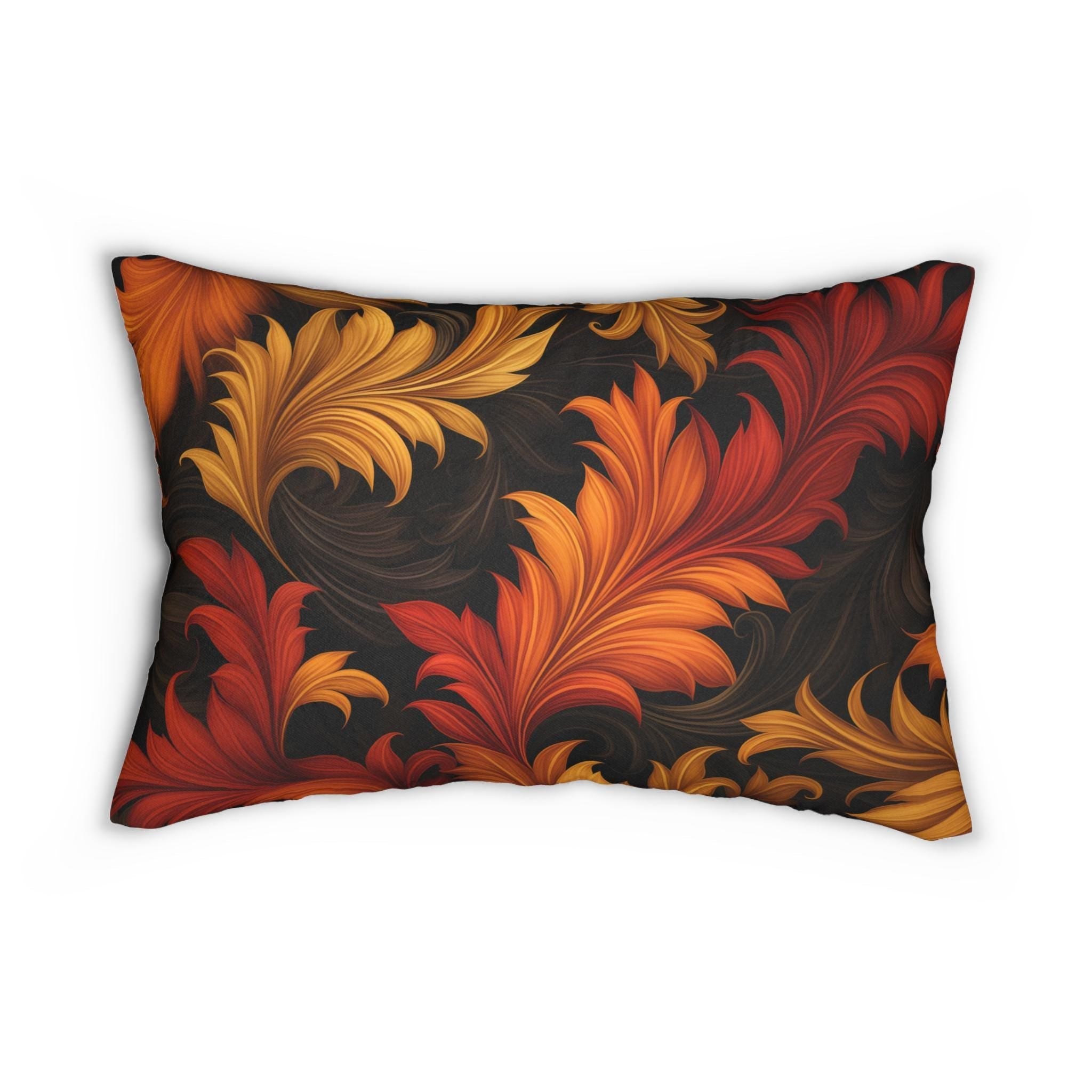 Autumn Leaves Lumbar Pillow: Gold, Orange, and Red Fall Design