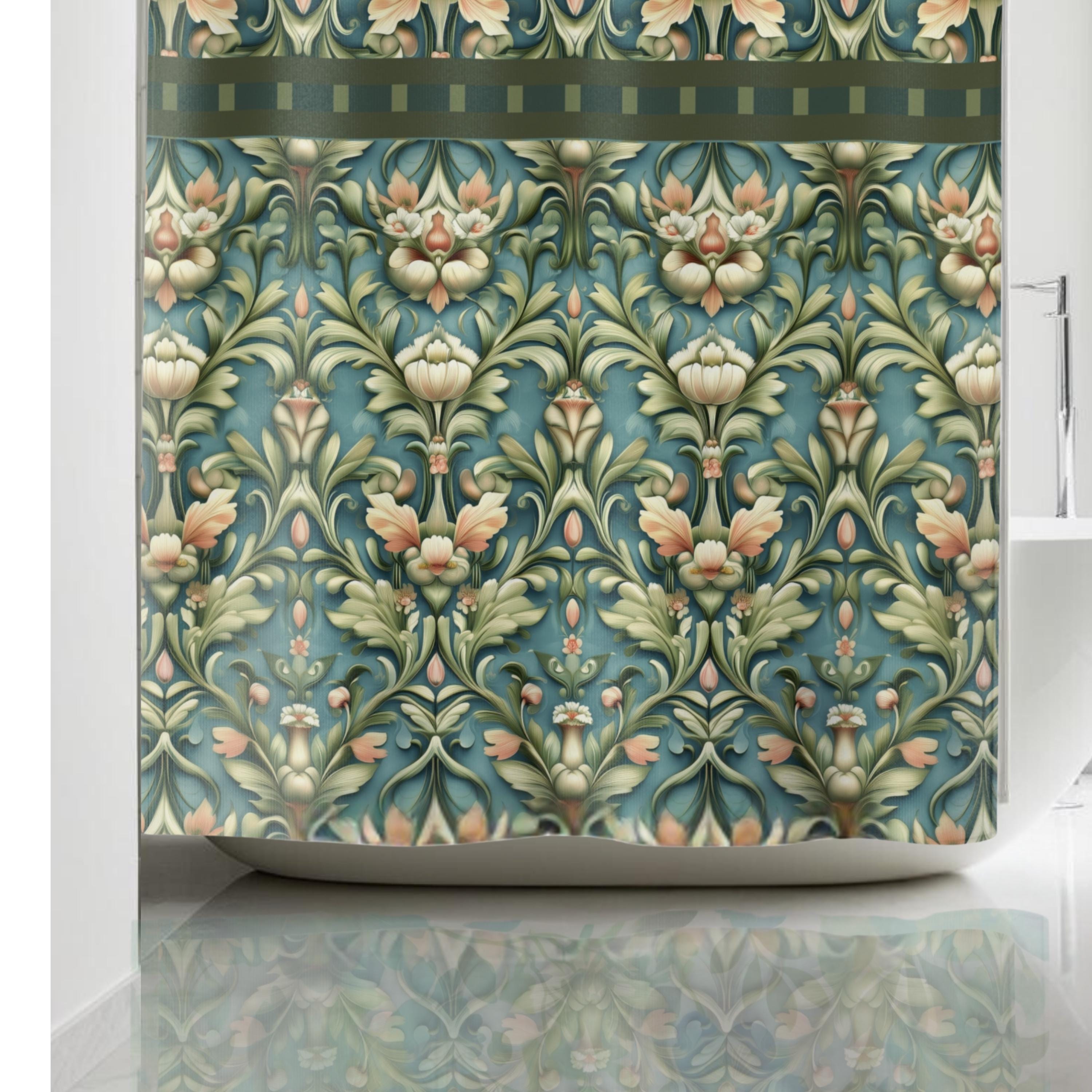 William Morris Inspired Botanical Shower Curtain: Vintage Teal Sage Peach Floral Bathroom Decor