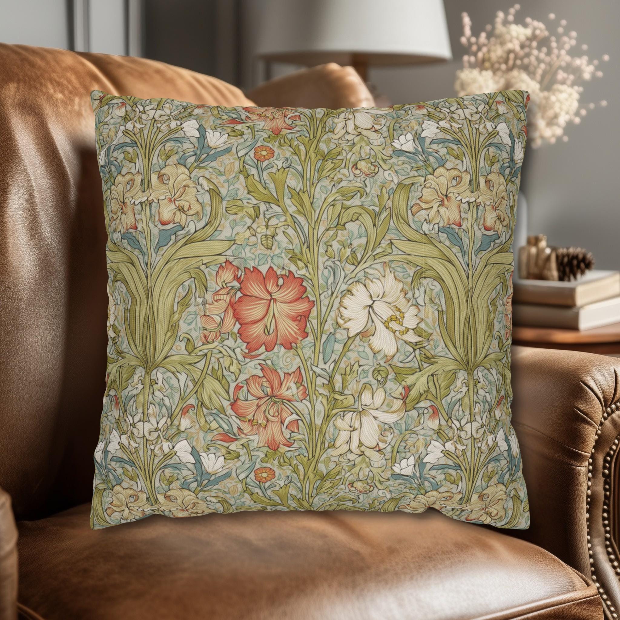 William Morris Style Pillow Cover: Soft Sage, Coral and Ivory Botanical Floral