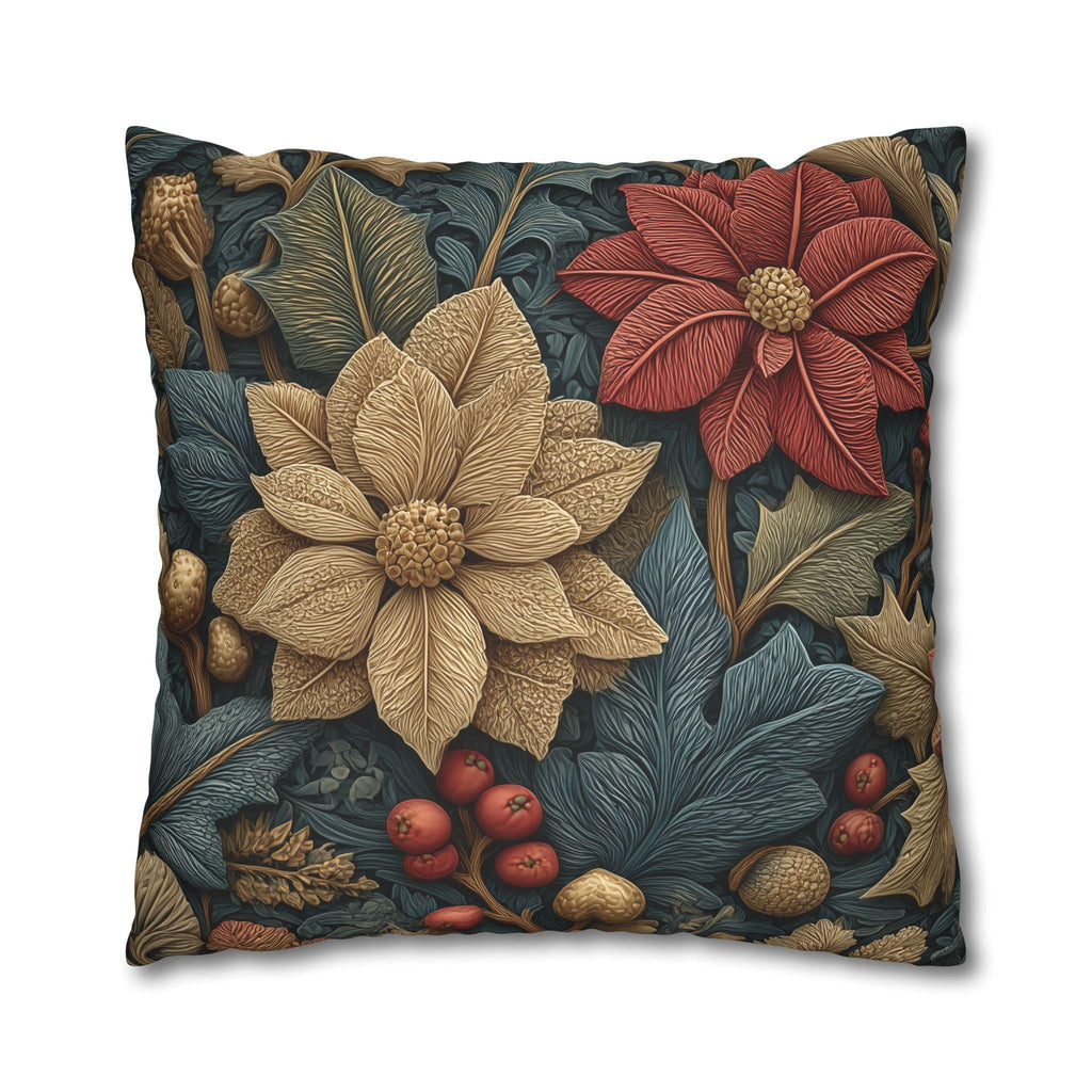 William Morris Christmas Pillow Cover: Wine and Taupe Poinsettia Woodland Illustration Euro Sizes