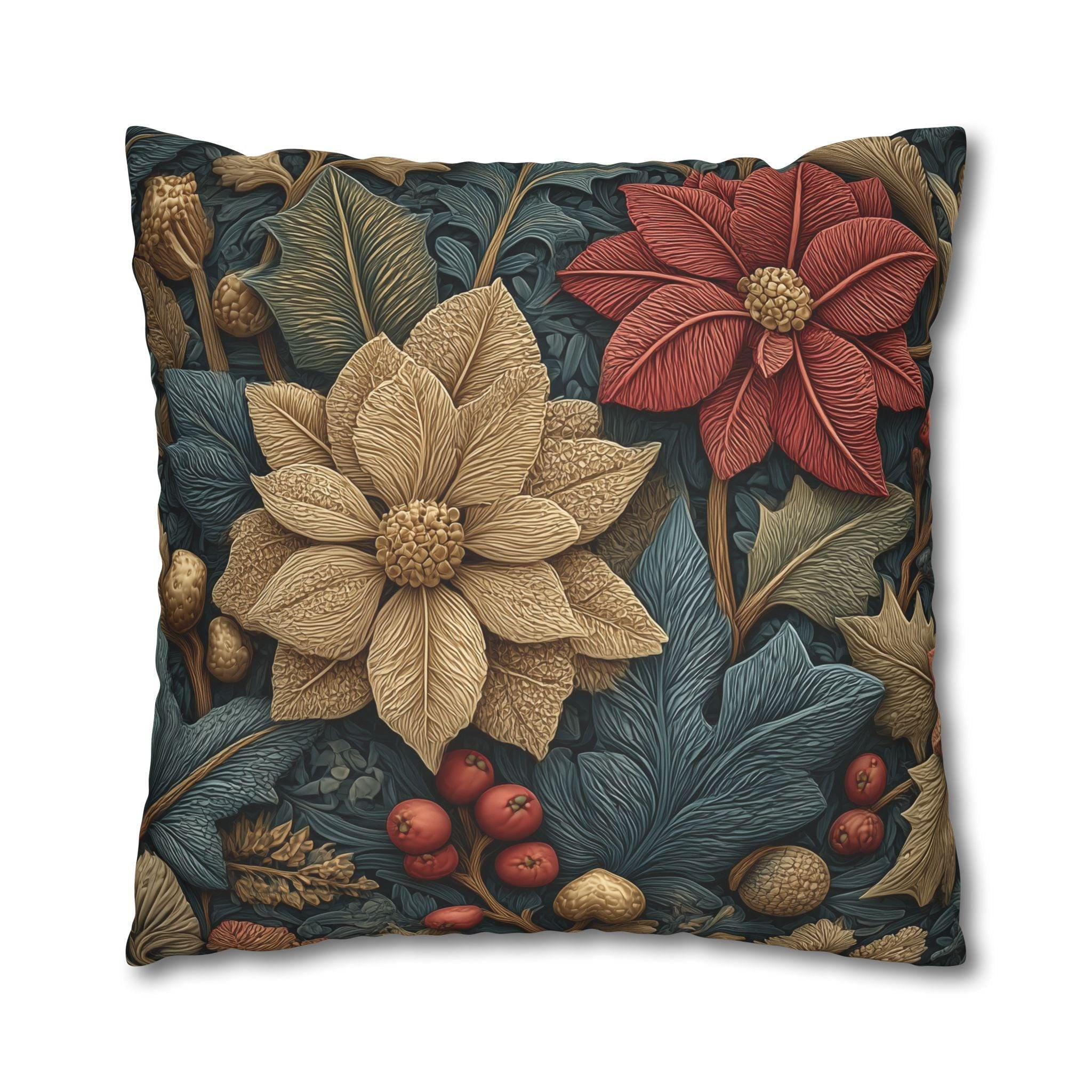 William Morris Christmas Pillow Cover: Wine and Taupe Poinsettia Woodland Illustration Euro Sizes