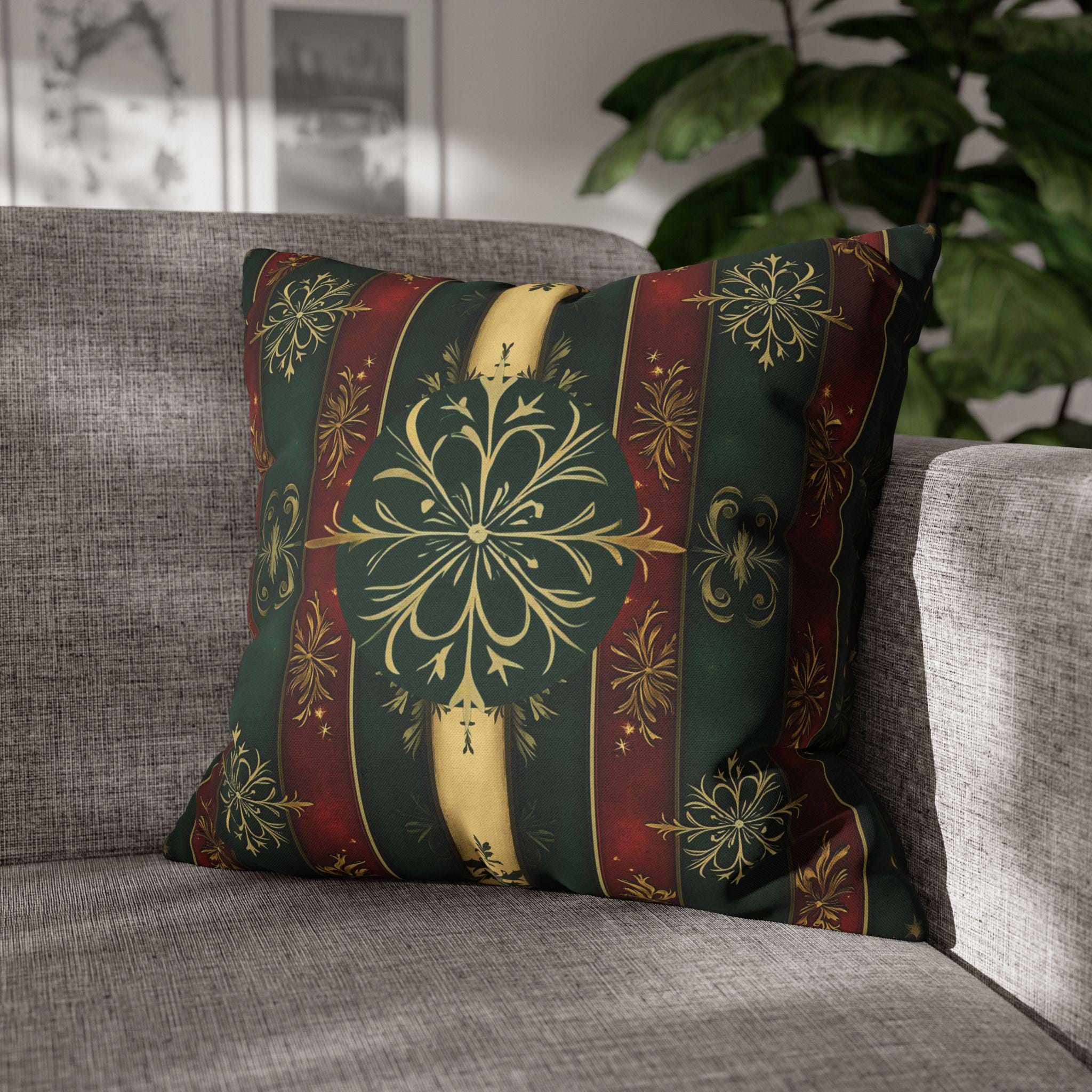 Snowflake Christmas Pillow Cover: Red Green Gold Elegant Home Accent