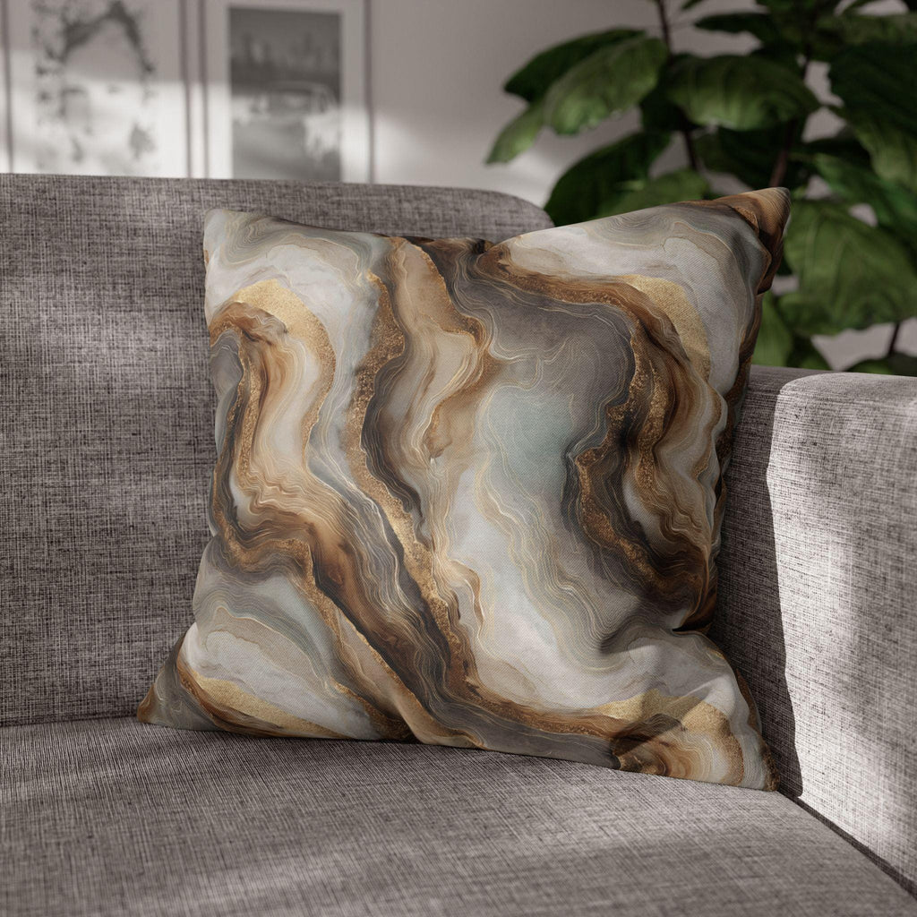 Modern Abstract Pillow Cover: Brown Marble Look with Gold Color Accents