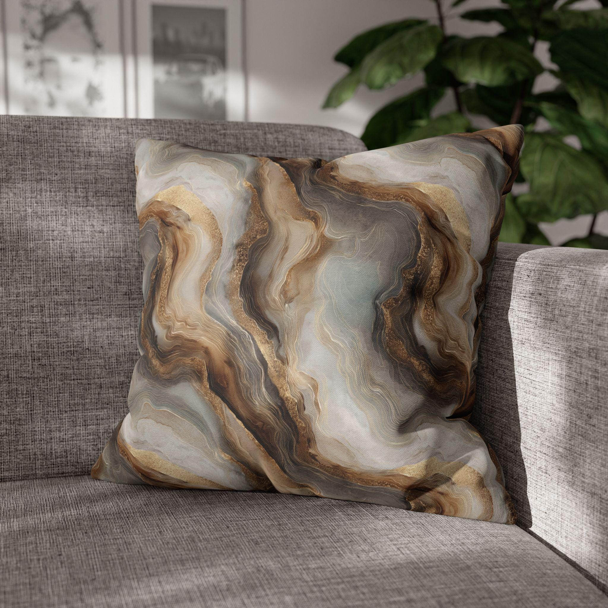 Modern Abstract Pillow Cover: Brown Marble Look with Gold Color Accents