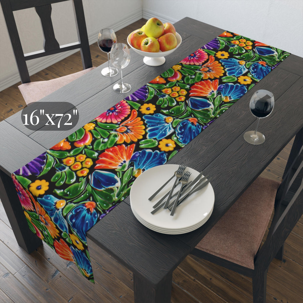 Mexican Table Runner: Bright Floral Folk Art on Black Background